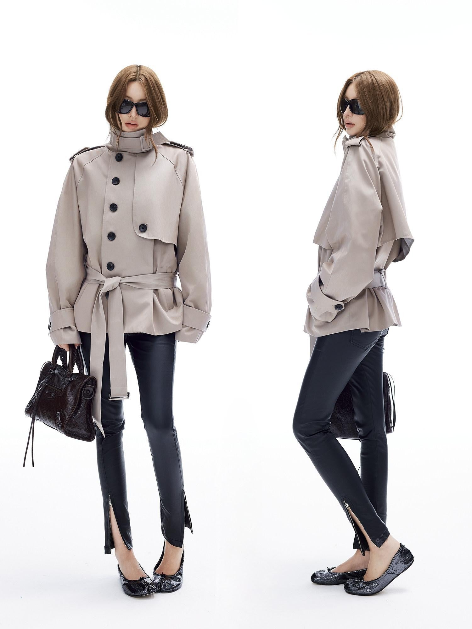 iamxiaa Adjustable Stand Collar Epaulet Cocoon H Cut Women&