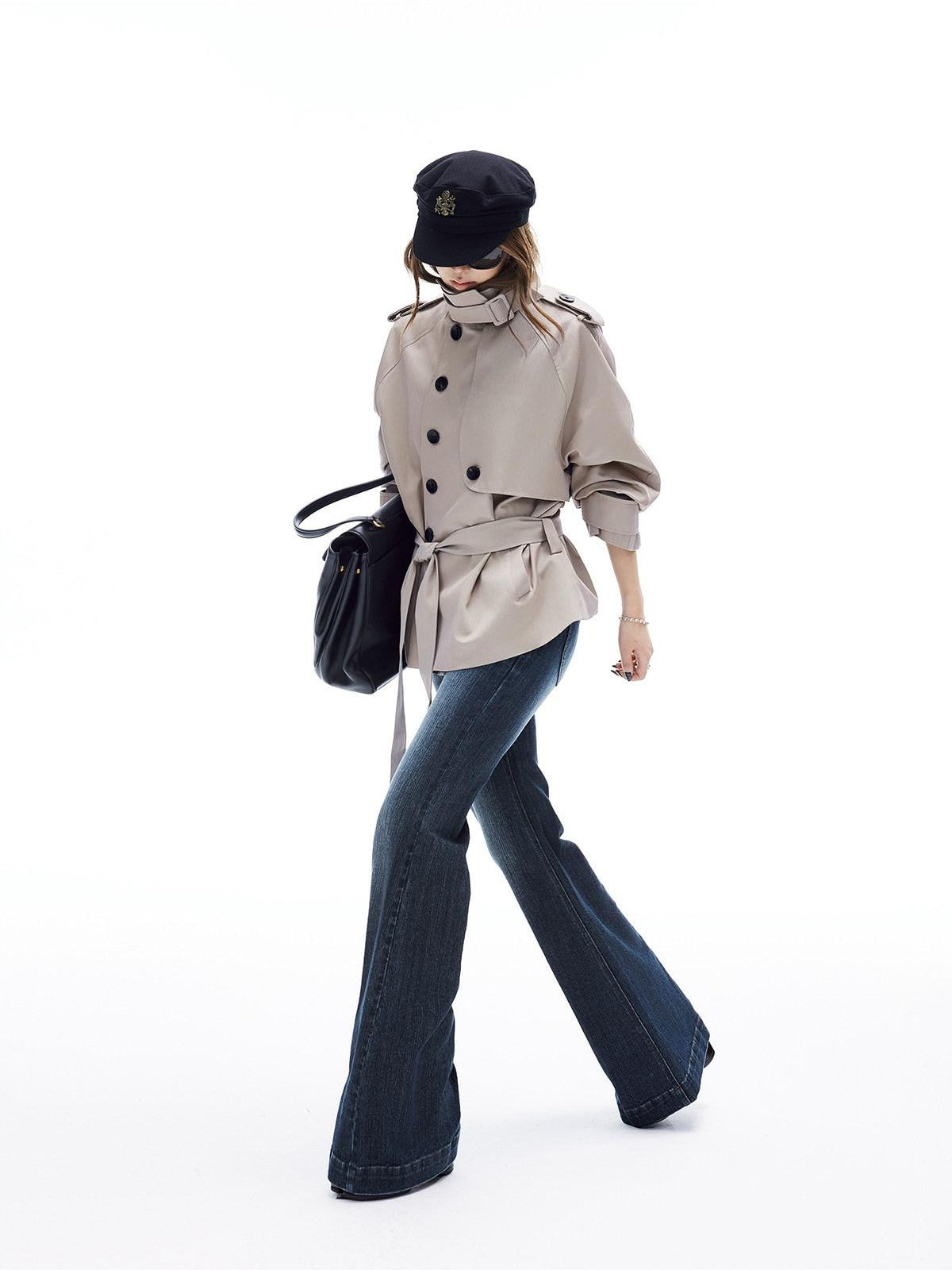 iamxiaa Adjustable Stand Collar Epaulet Cocoon H Cut Women&