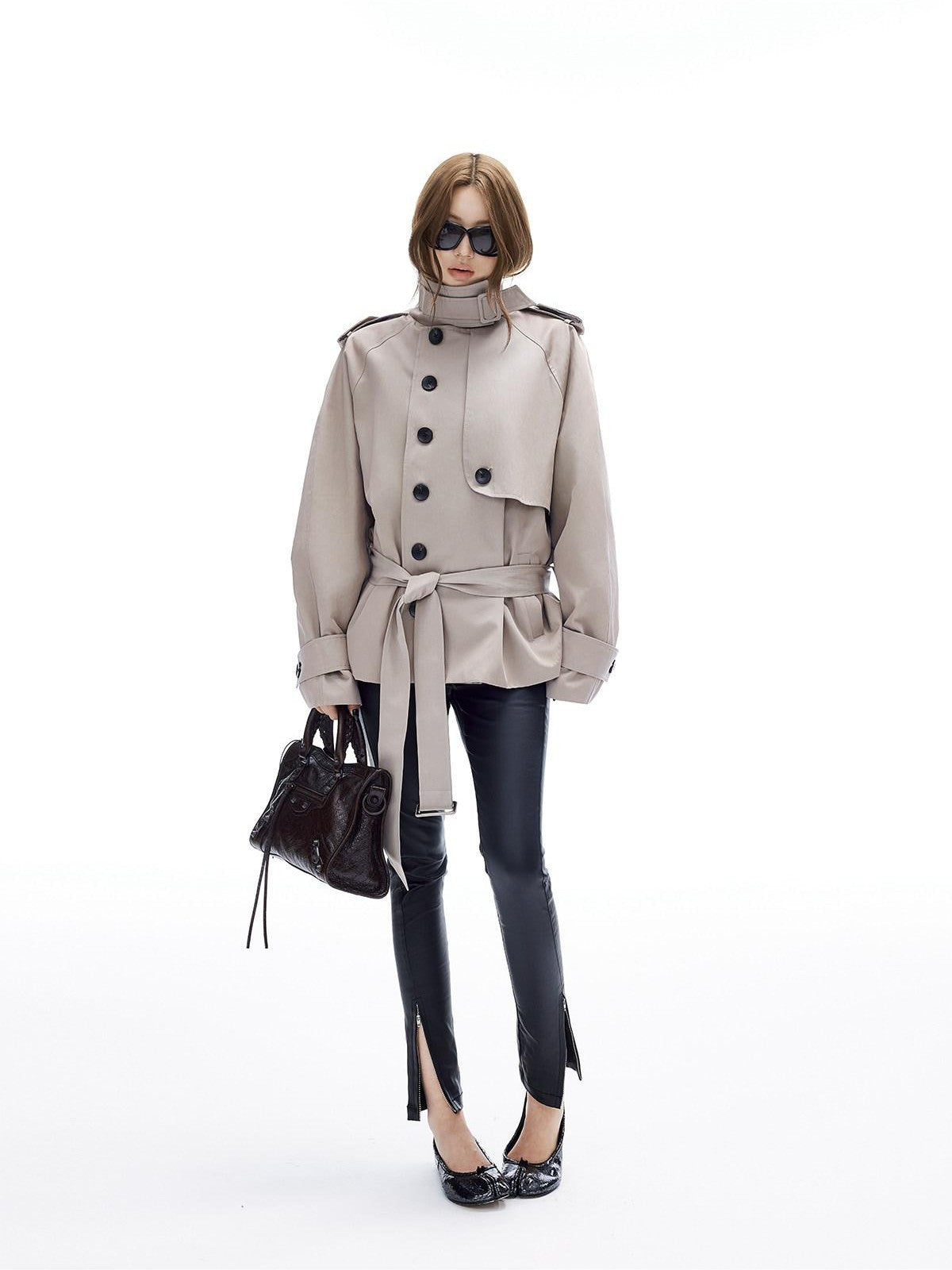 iamxiaa Adjustable Stand Collar Epaulet Cocoon H Cut Women&