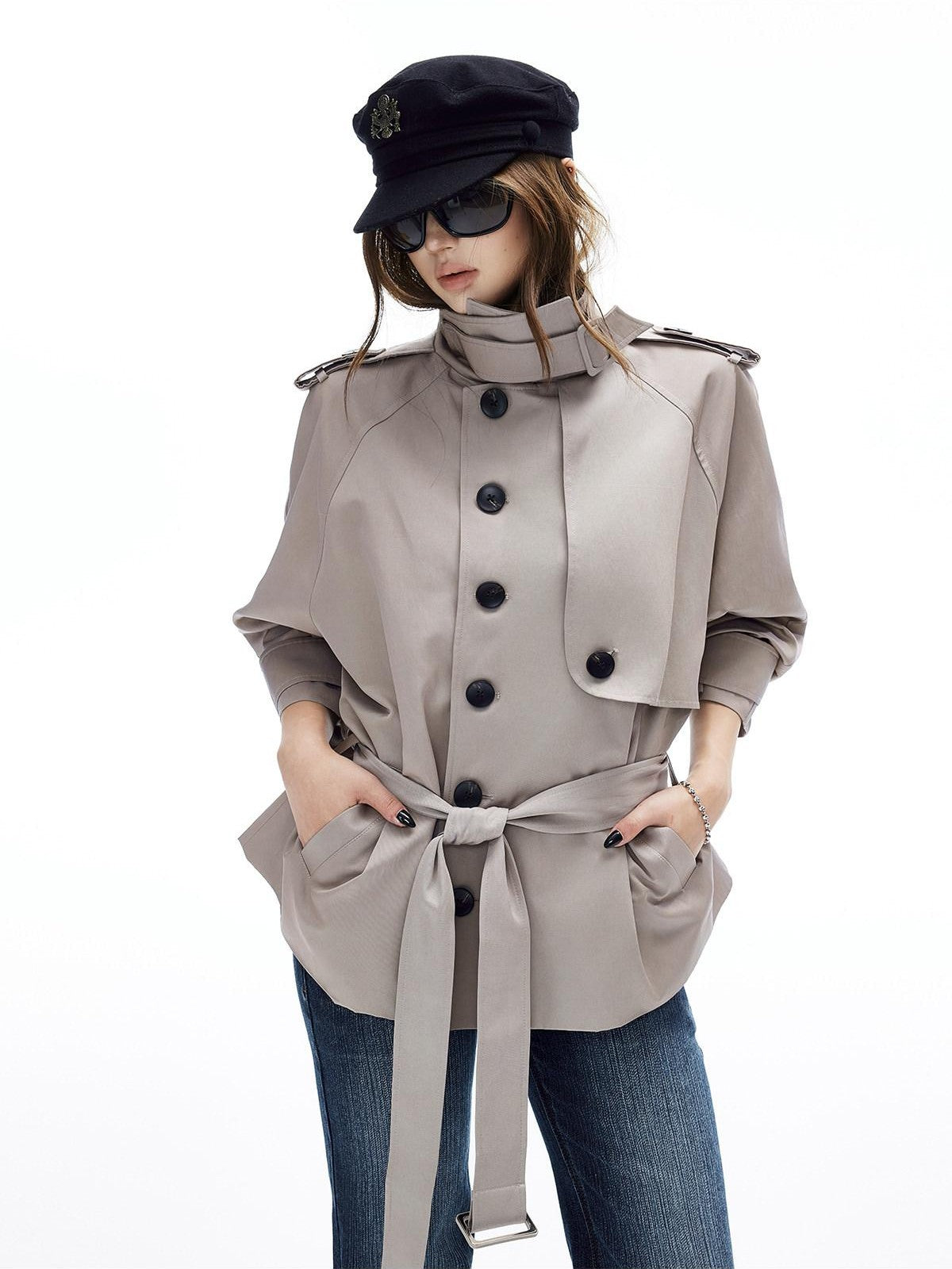 iamxiaa Adjustable Stand Collar Epaulet Cocoon H Cut Women&