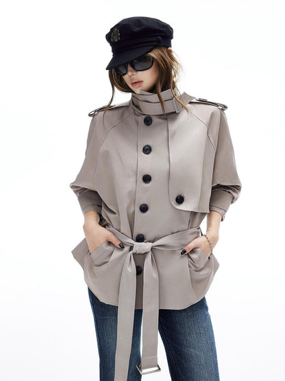iamxiaa Adjustable Stand Collar Epaulet Cocoon H Cut Women&