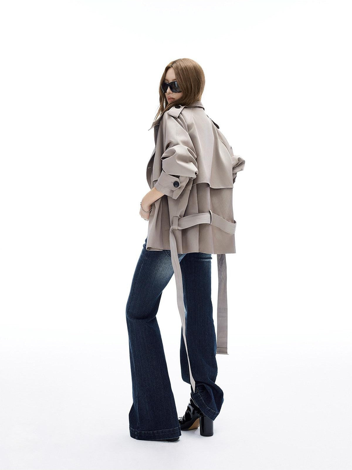 iamxiaa Adjustable Stand Collar Epaulet Cocoon H Cut Women&