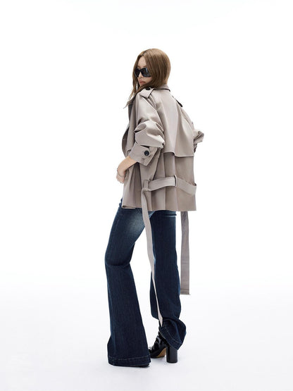 iamxiaa Adjustable Stand Collar Epaulet Cocoon H Cut Women&