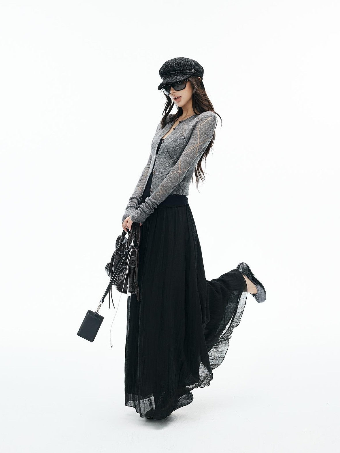 iamxiaa Argyle Pointelle Open Knit Ribbed Trim Long Sleeve Women&
