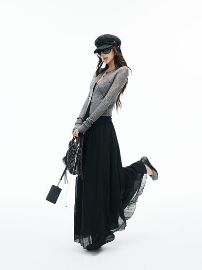 iamxiaa Argyle Pointelle Open Knit Ribbed Trim Long Sleeve Women&