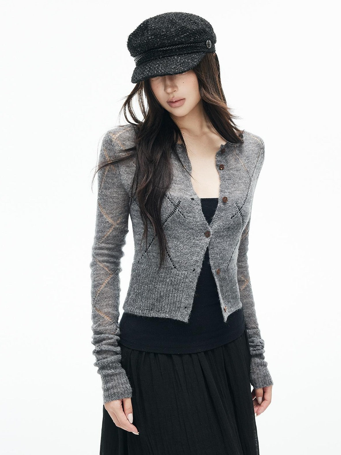 iamxiaa Argyle Pointelle Open Knit Ribbed Trim Long Sleeve Women&