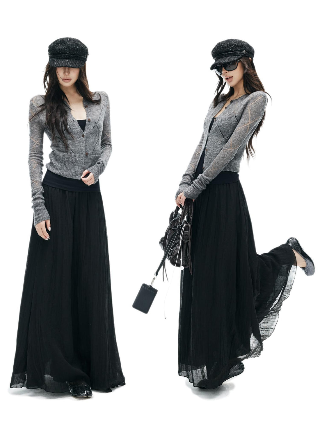 iamxiaa Argyle Pointelle Open Knit Ribbed Trim Long Sleeve Women&