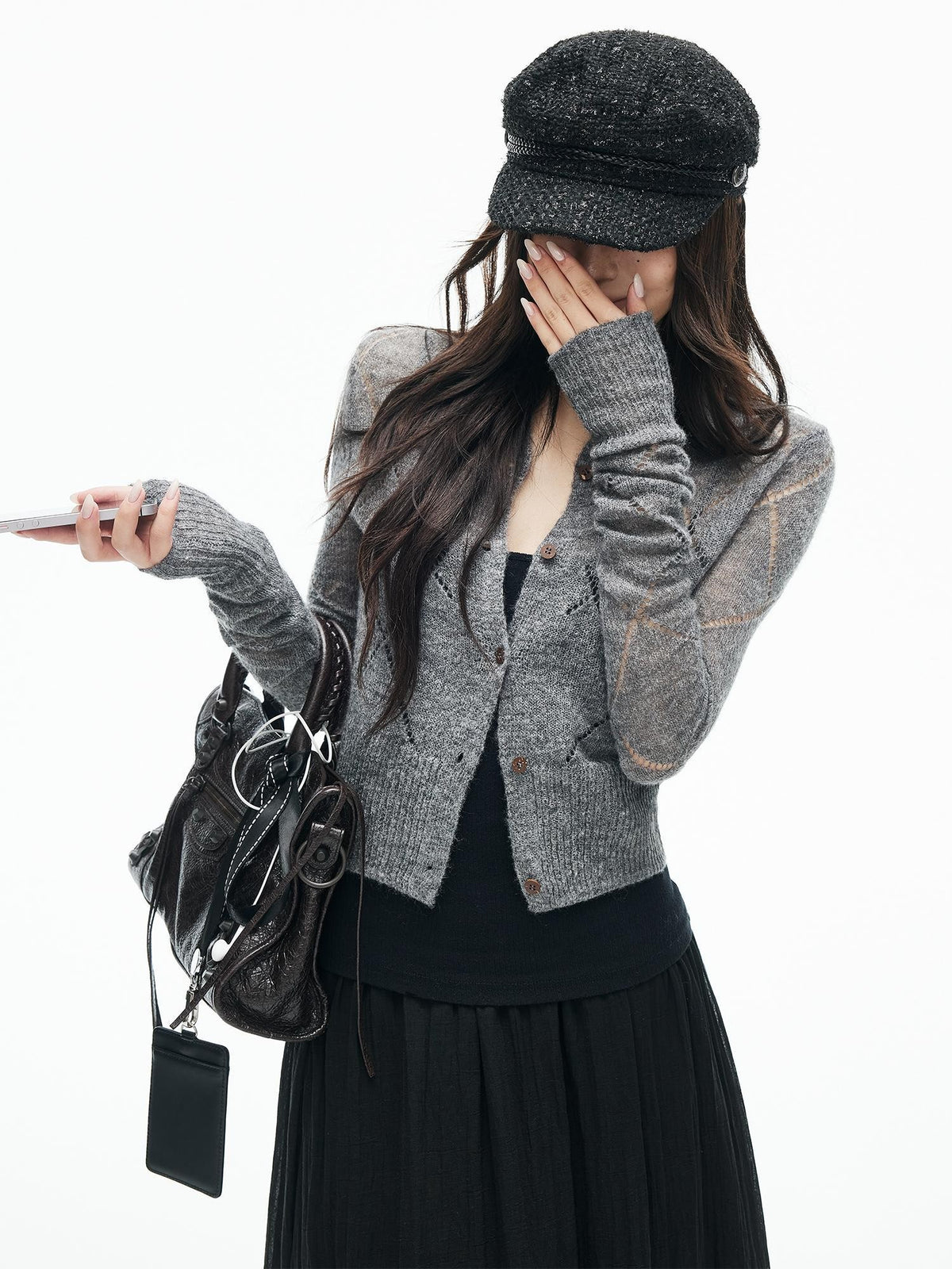 iamxiaa Argyle Pointelle Open Knit Ribbed Trim Long Sleeve Women&