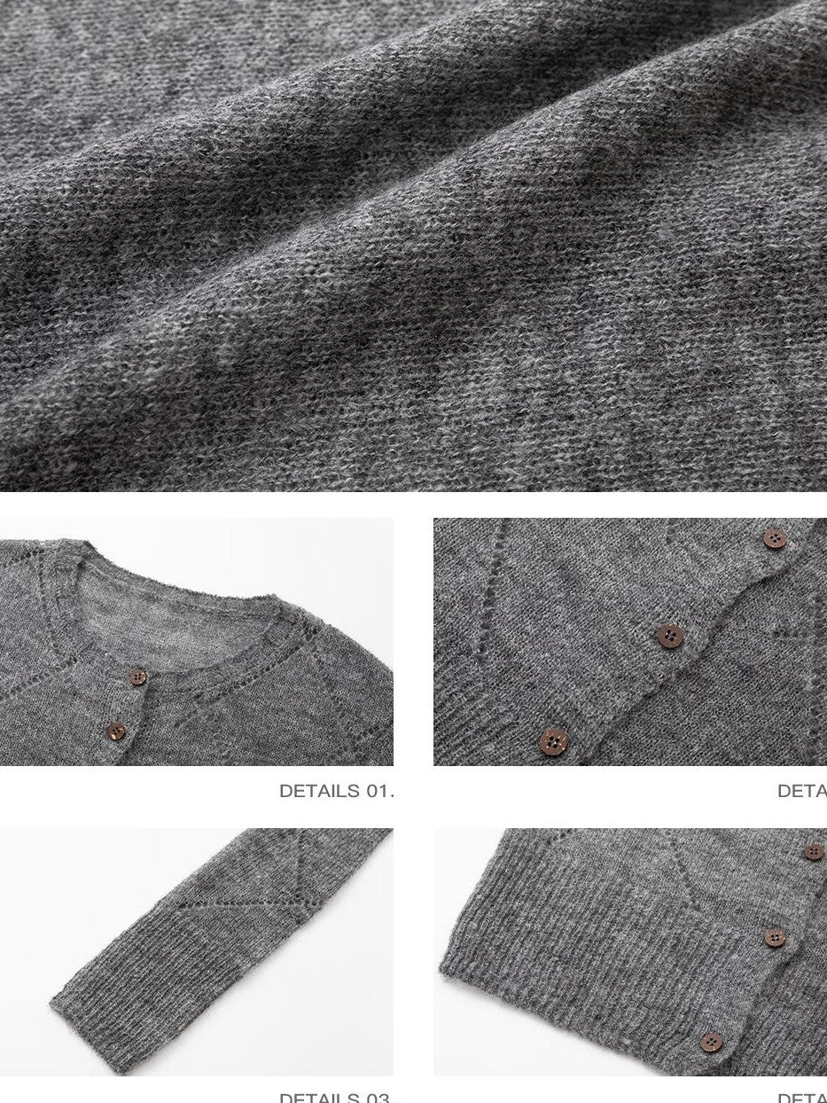 iamxiaa Argyle Pointelle Open Knit Ribbed Trim Long Sleeve Women&