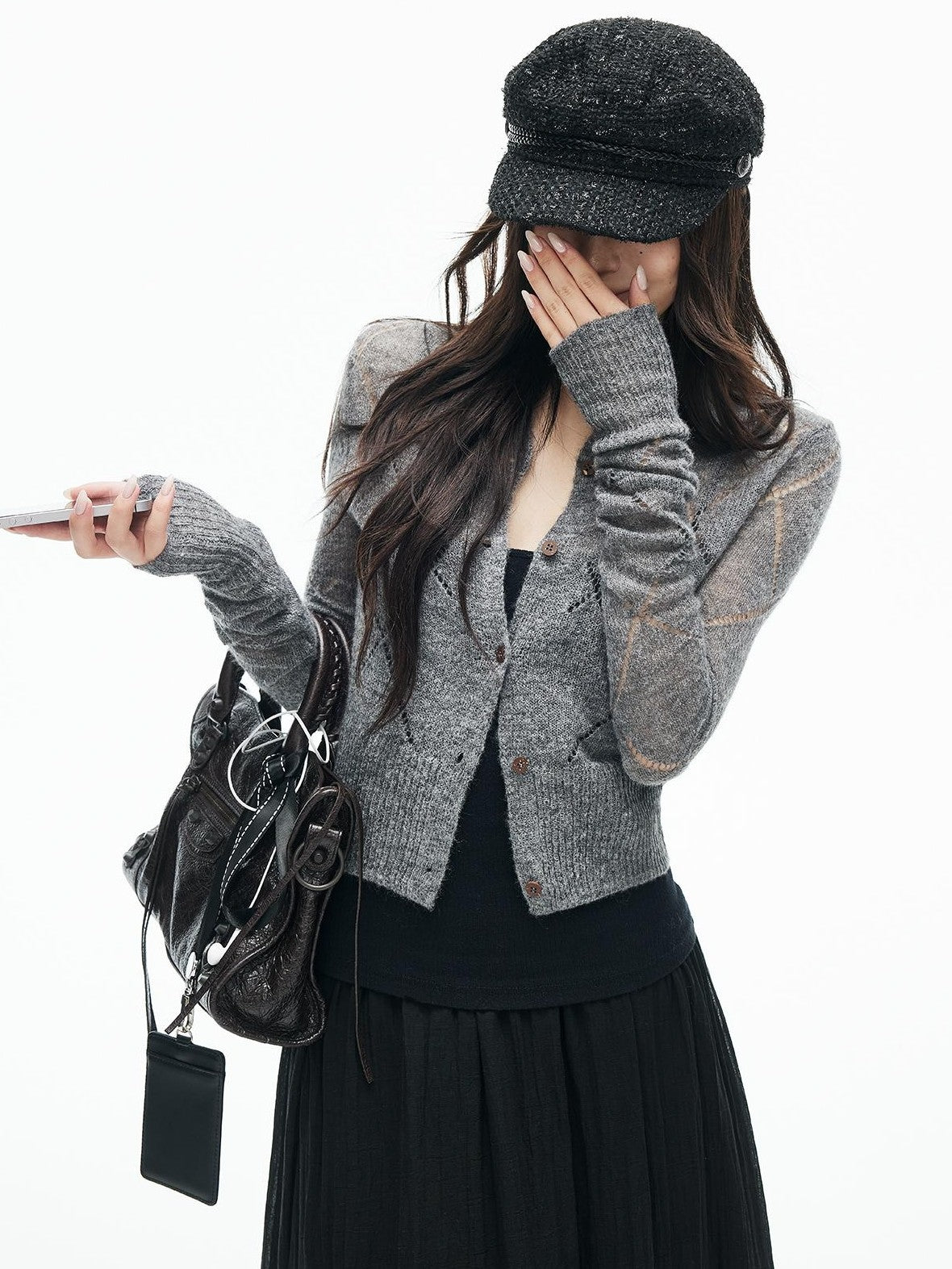 iamxiaa Argyle Pointelle Open Knit Ribbed Trim Long Sleeve Women&