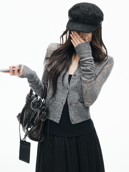 iamxiaa Argyle Pointelle Open Knit Ribbed Trim Long Sleeve Women&