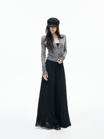 iamxiaa Argyle Pointelle Open Knit Ribbed Trim Long Sleeve Women&