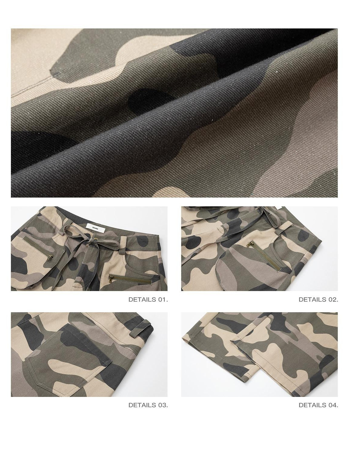 iamxiaa Army Green Camo Drawstring Cargo Low Waist Loose Women&