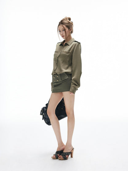 iamxiaa Army Green Distressed Stud Embellished Epaulet Women&