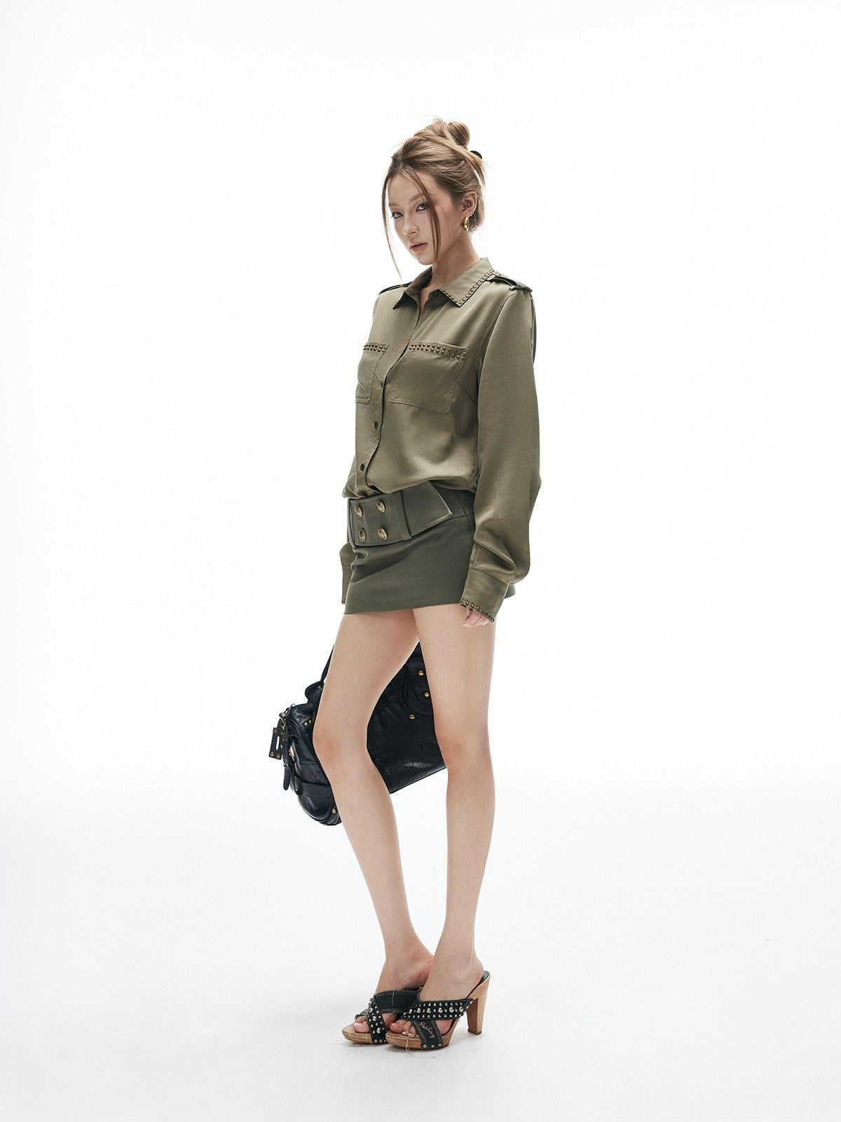 iamxiaa Army Green Distressed Stud Embellished Epaulet Women&