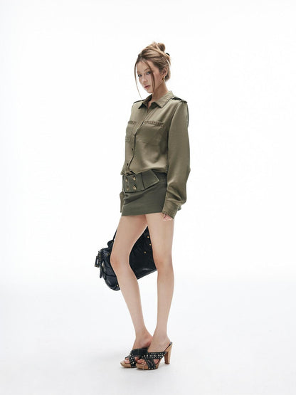 iamxiaa Army Green Distressed Stud Embellished Epaulet Women&