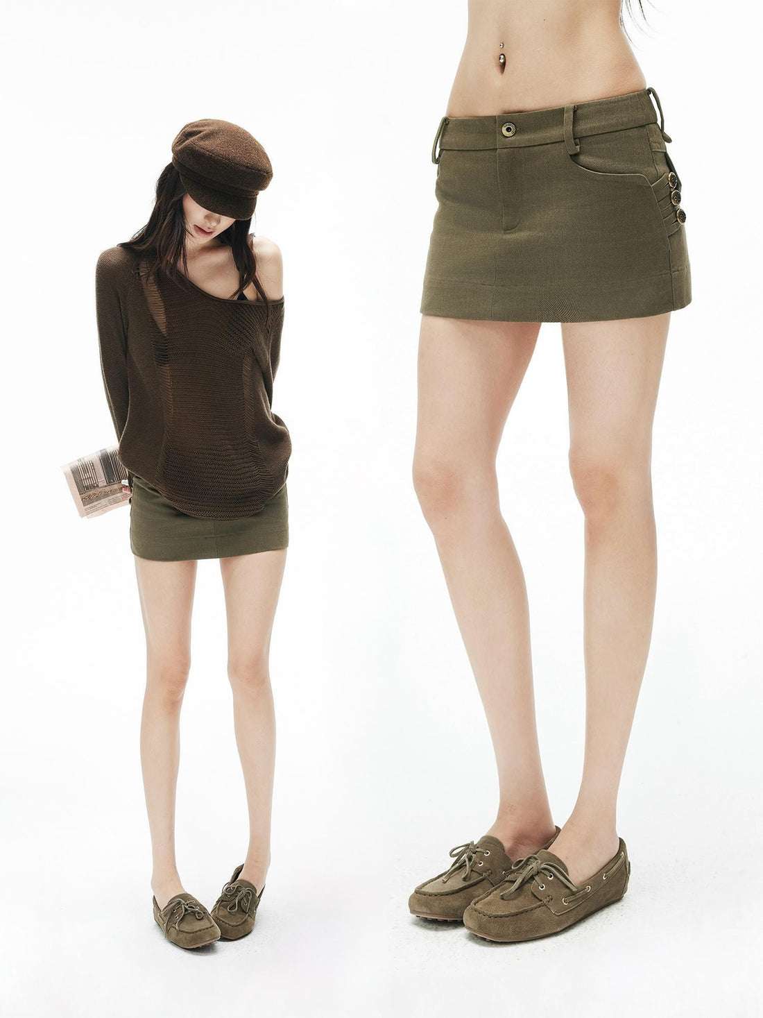 iamxiaa Army Green Low Waist Embossed Bronze Button Women&