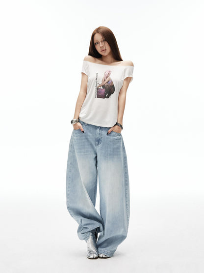 iamxiaa Artistic Portrait Print Slanted Hem Slim Fit Women&