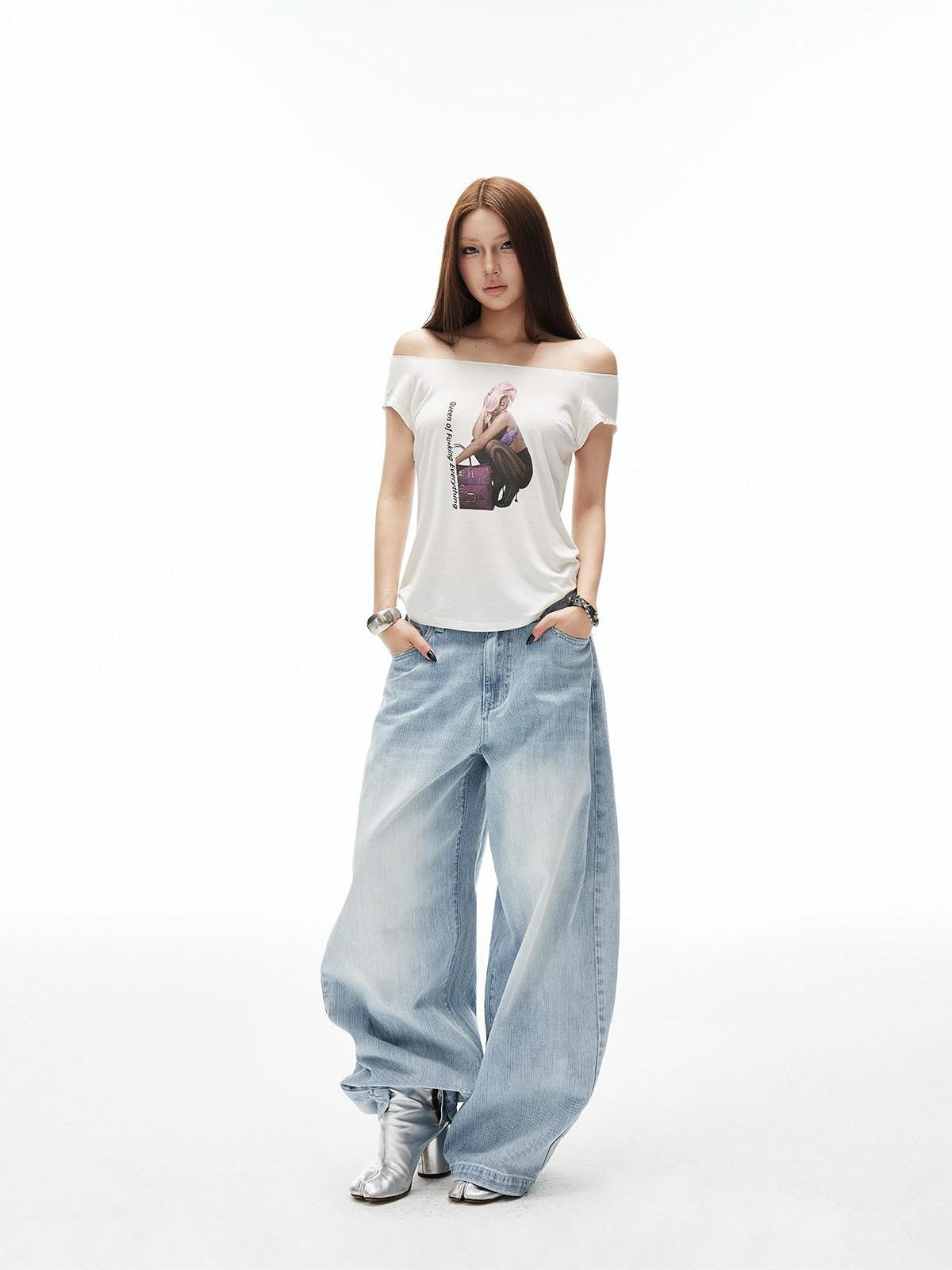 iamxiaa Artistic Portrait Print Slanted Hem Slim Fit Women&