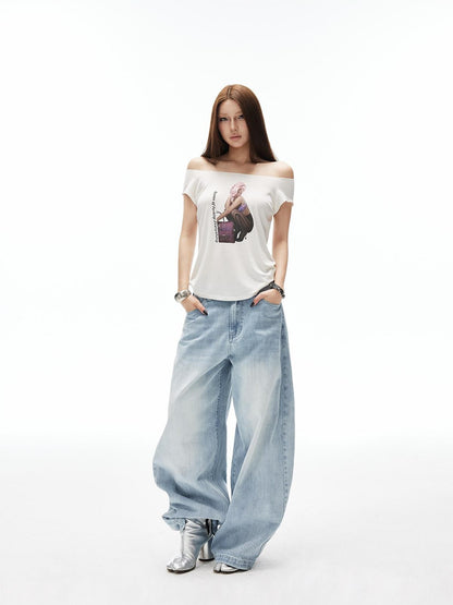 iamxiaa Artistic Portrait Print Slanted Hem Slim Fit Women&