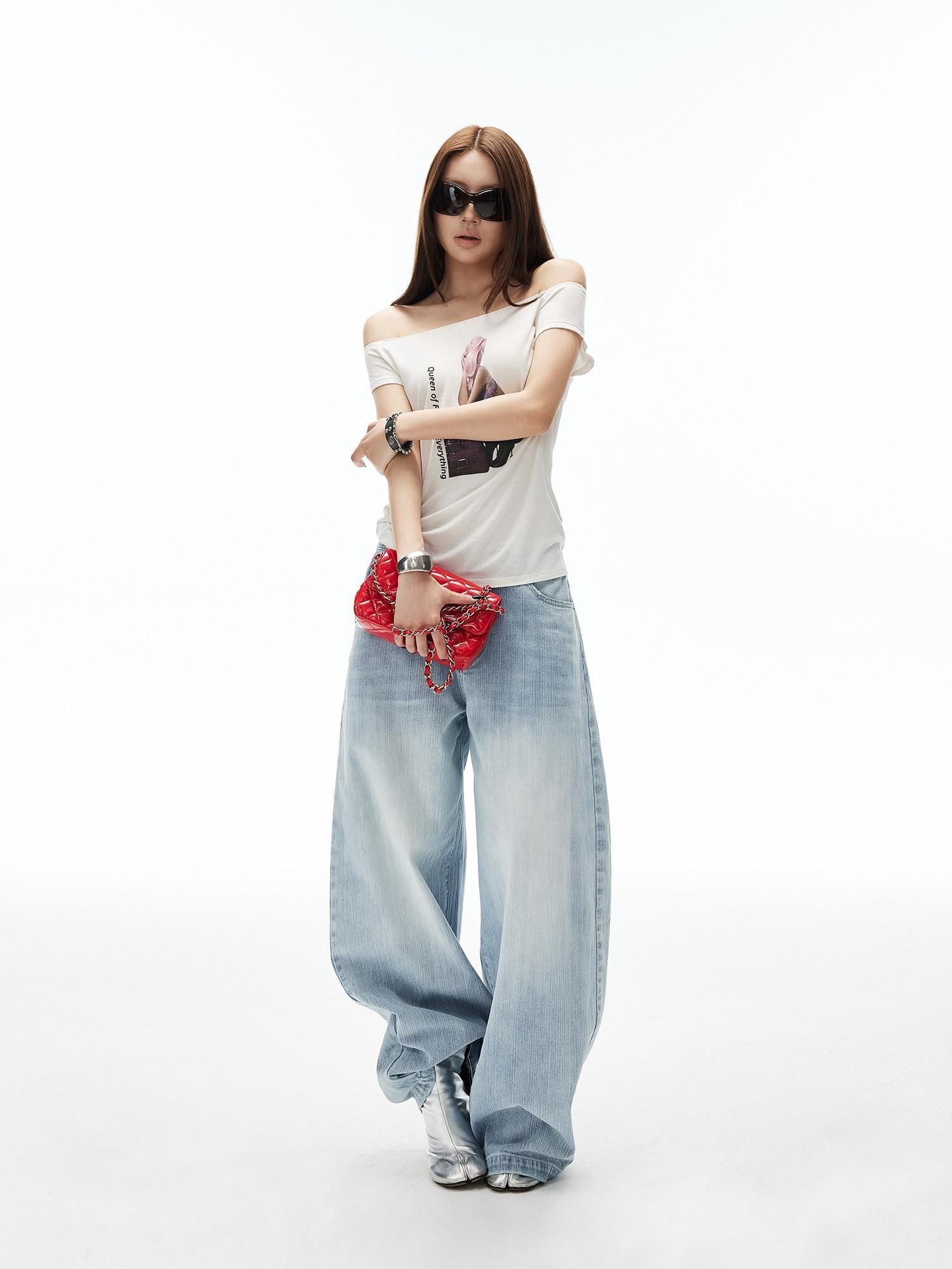 iamxiaa Artistic Portrait Print Slanted Hem Slim Fit Women&