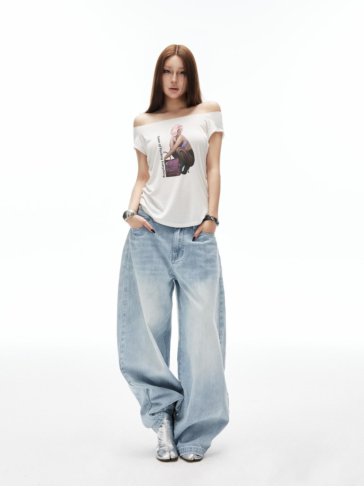 iamxiaa Artistic Portrait Print Slanted Hem Slim Fit Women&