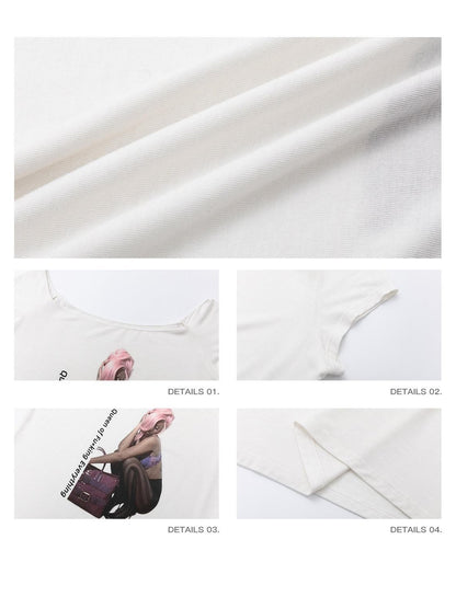iamxiaa Artistic Portrait Print Slanted Hem Slim Fit Women&