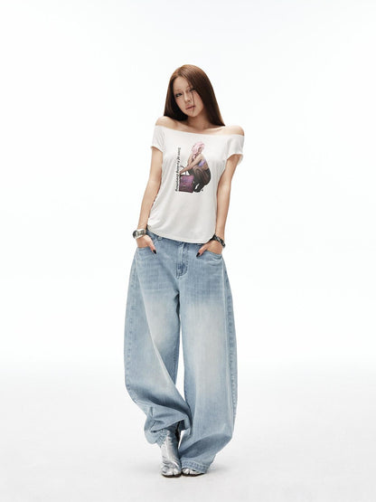 iamxiaa Artistic Portrait Print Slanted Hem Slim Fit Women&