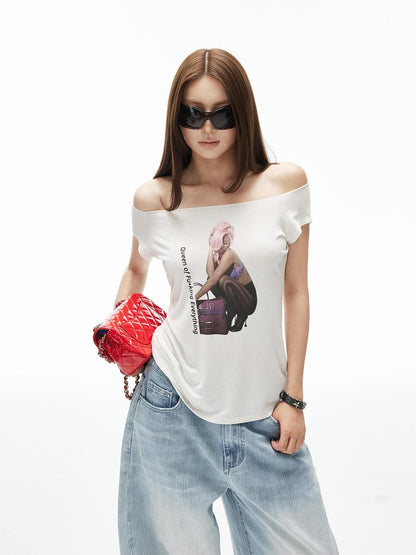 iamxiaa Artistic Portrait Print Slanted Hem Slim Fit Women&