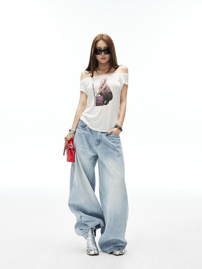 iamxiaa Artistic Portrait Print Slanted Hem Slim Fit Women&