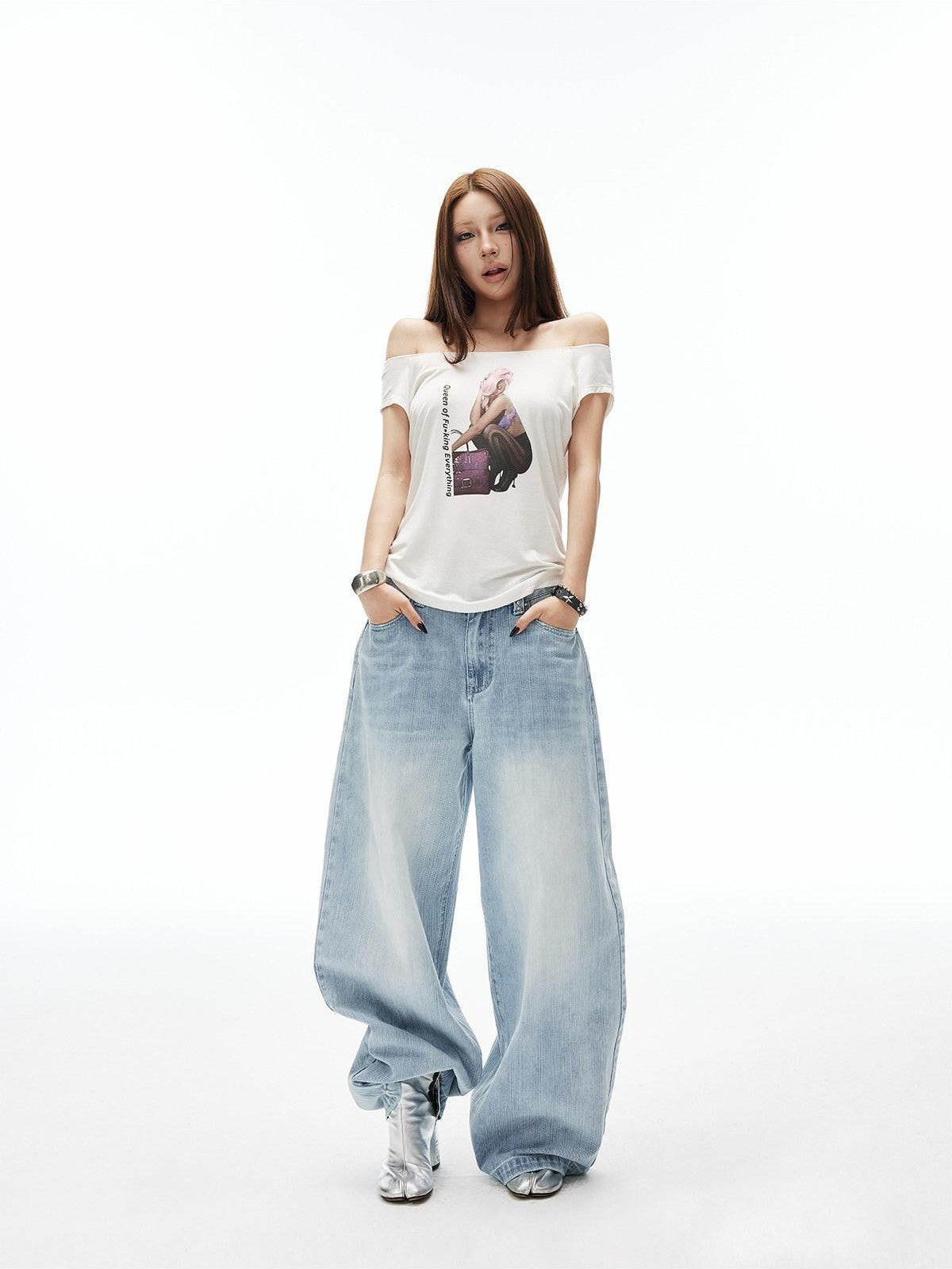 iamxiaa Artistic Portrait Print Slanted Hem Slim Fit Women&