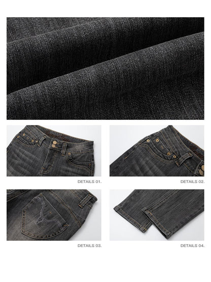 iamxiaa Ash Gray Washed Embroidered Topstitch Slim Tapered Women&