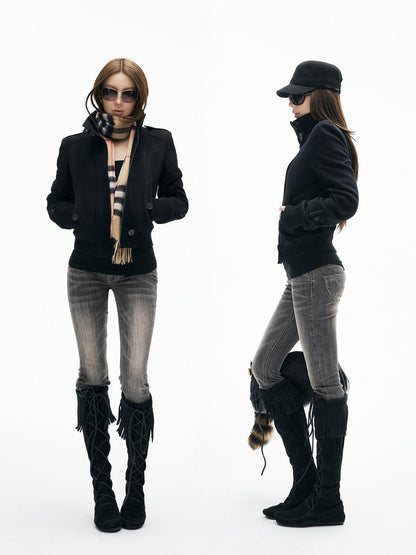 iamxiaa Ash Gray Washed Embroidered Topstitch Slim Tapered Women&