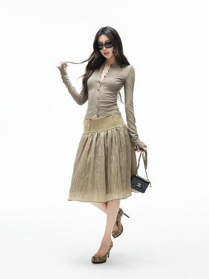 iamxiaa Asymmetric Ribbed Textured Metal Button Slim Fit Women&