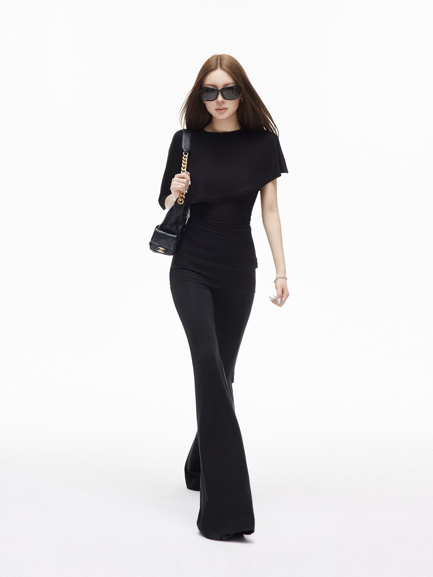 iamxiaa Asymmetrical Capelet Two Piece Bustier Spliced Lace Women&