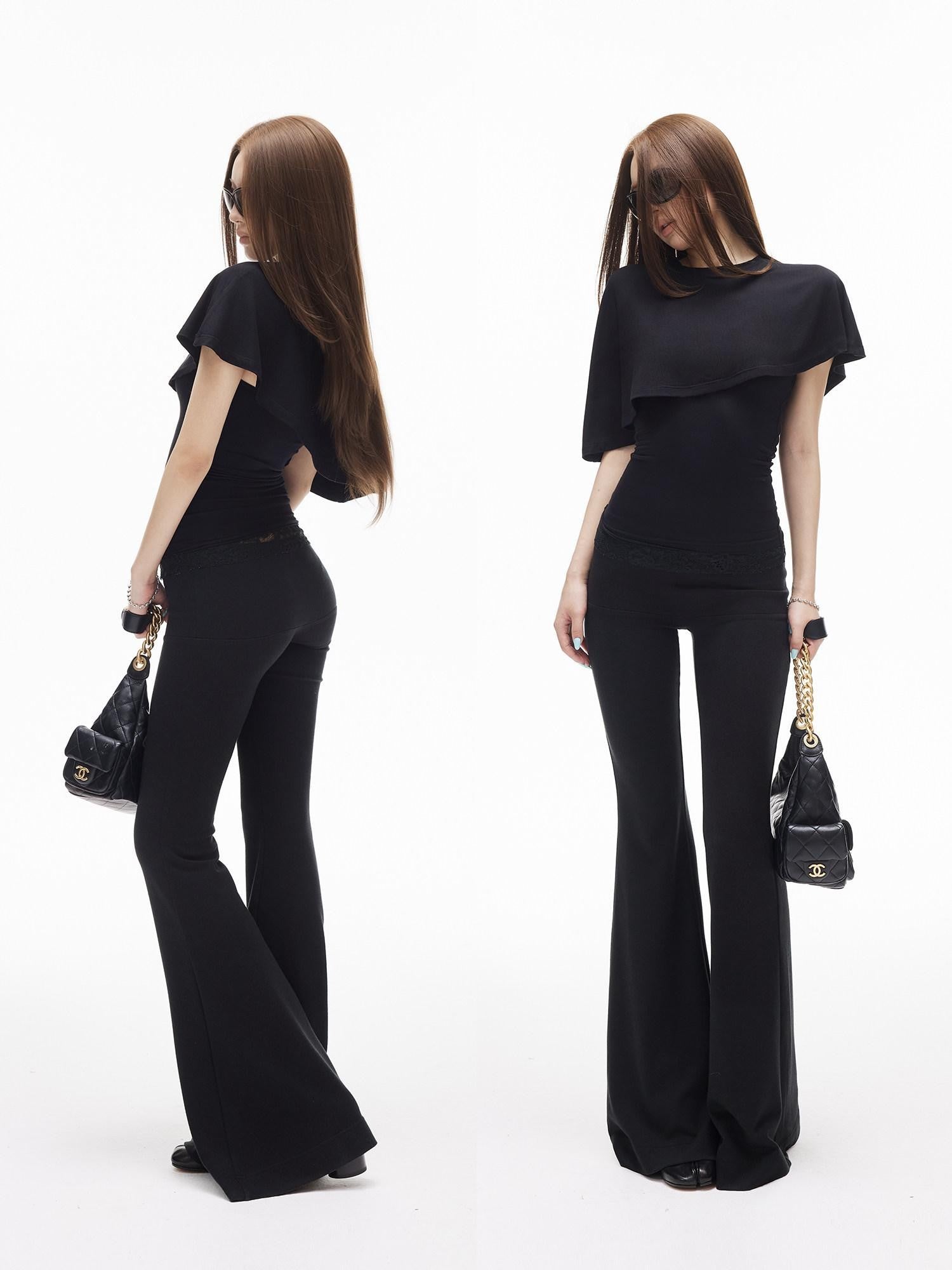 iamxiaa Asymmetrical Capelet Two Piece Bustier Spliced Lace Women&