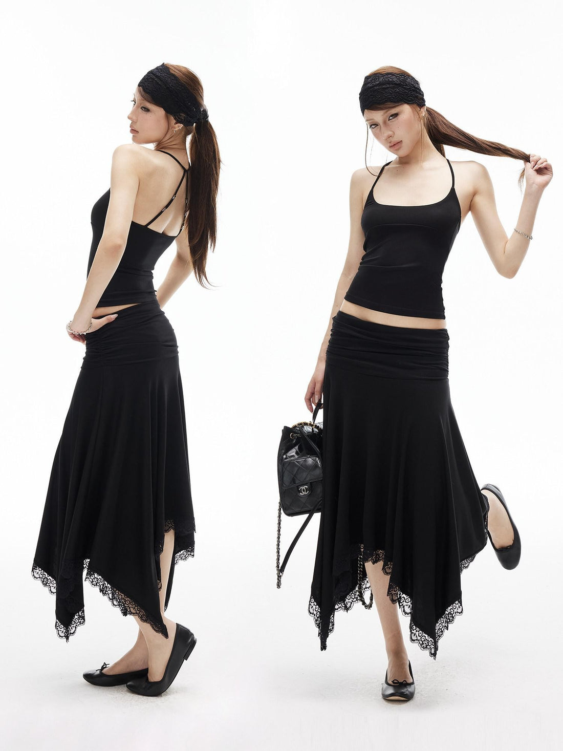 iamxiaa Asymmetrical Wavy Pleats Ruched Low Waist Lace Women&