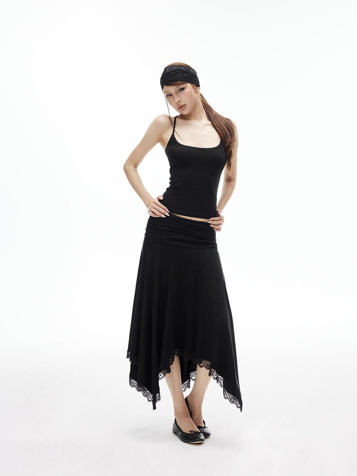 iamxiaa Asymmetrical Wavy Pleats Ruched Low Waist Lace Women&