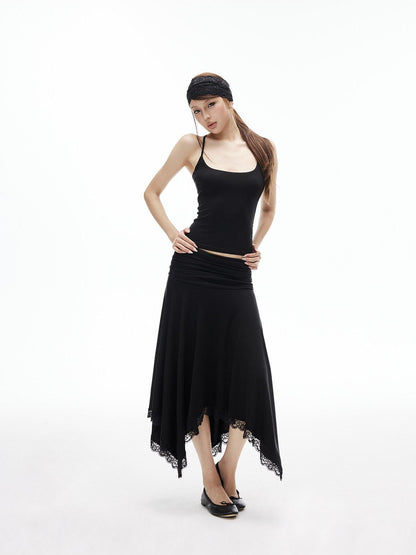 iamxiaa Asymmetrical Wavy Pleats Ruched Low Waist Lace Women&