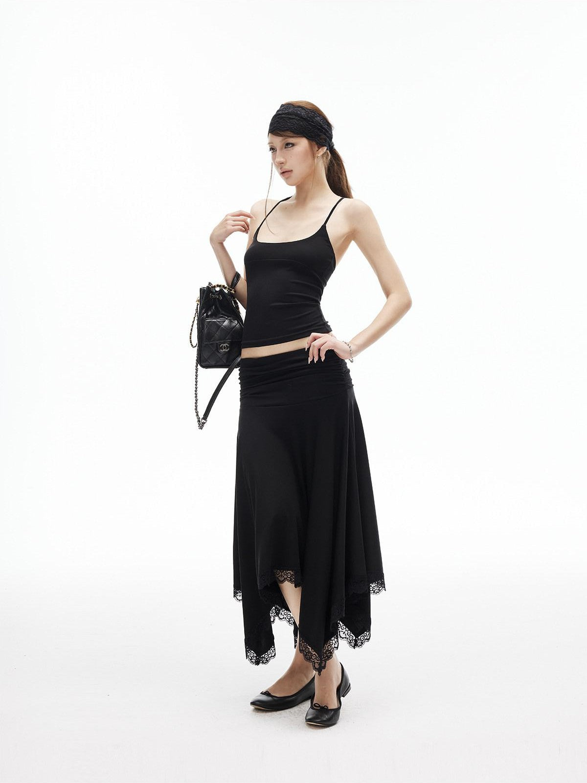 iamxiaa Asymmetrical Wavy Pleats Ruched Low Waist Lace Women&