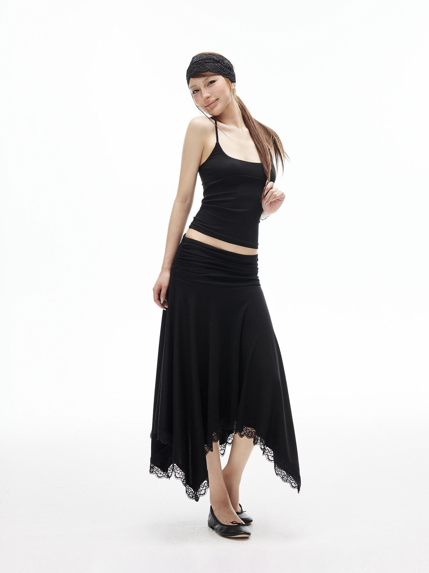 iamxiaa Asymmetrical Wavy Pleats Ruched Low Waist Lace Women&