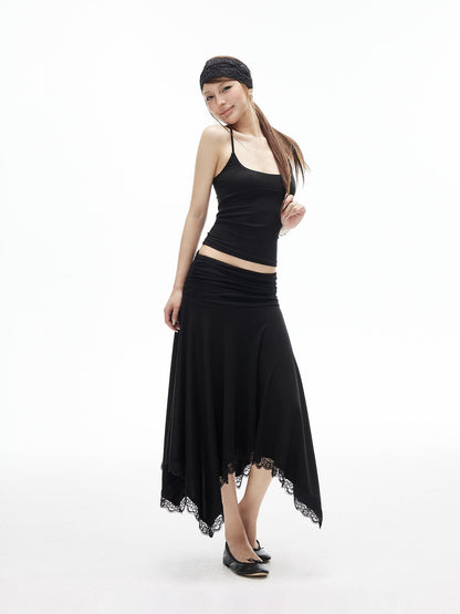 iamxiaa Asymmetrical Wavy Pleats Ruched Low Waist Lace Women&