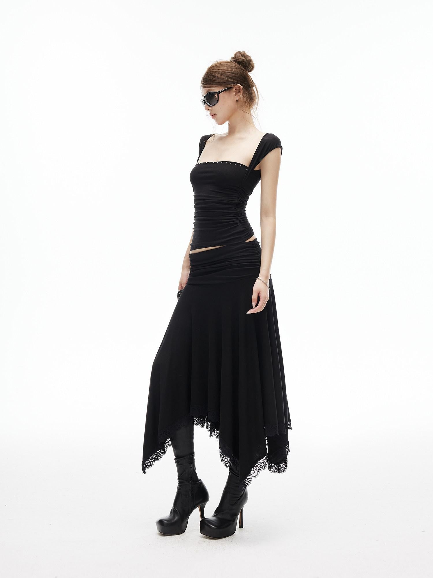 iamxiaa Asymmetrical Wavy Pleats Ruched Low Waist Lace Women&