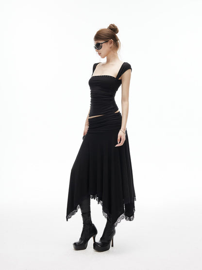 iamxiaa Asymmetrical Wavy Pleats Ruched Low Waist Lace Women&