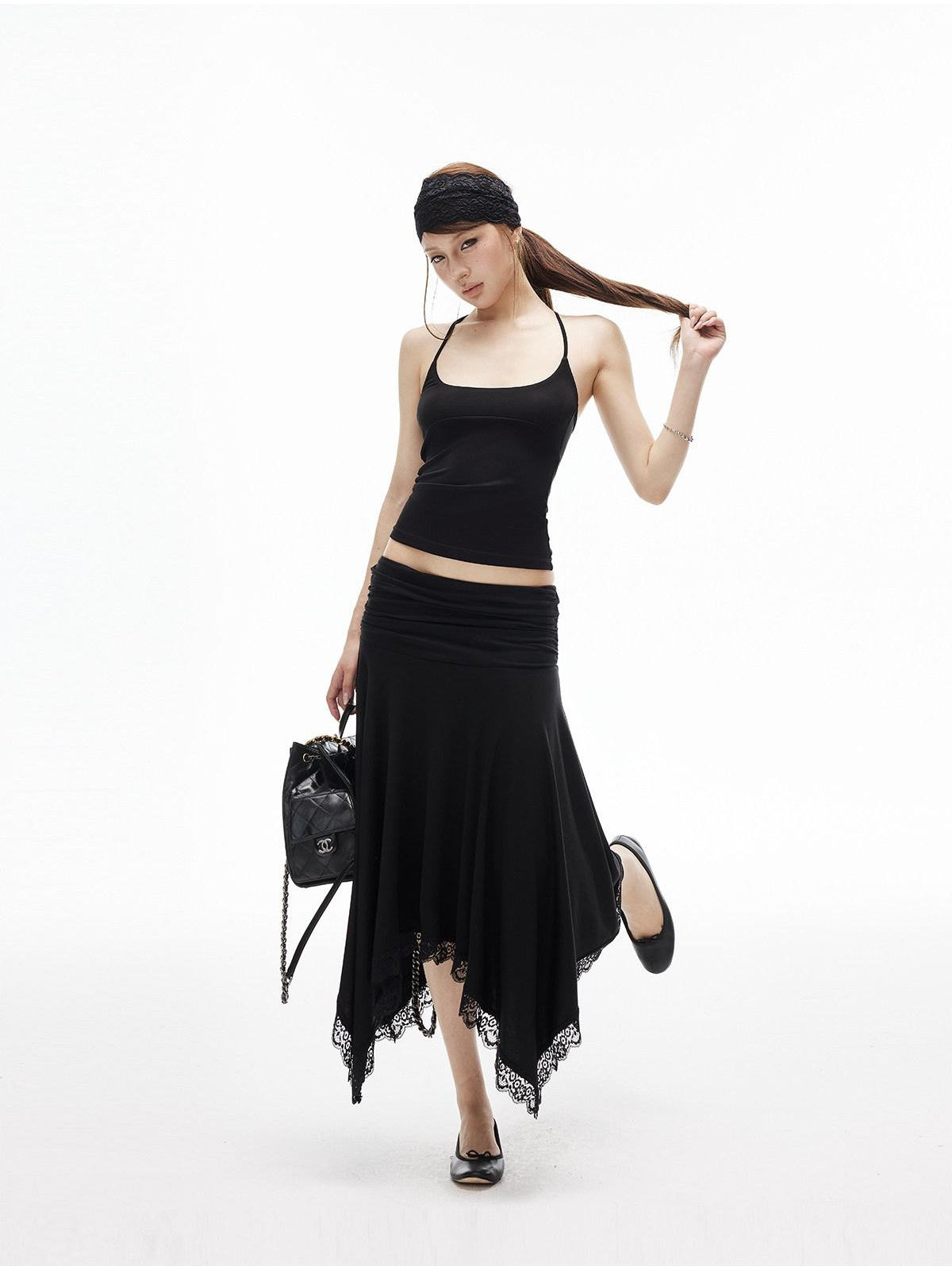 iamxiaa Asymmetrical Wavy Pleats Ruched Low Waist Lace Women&