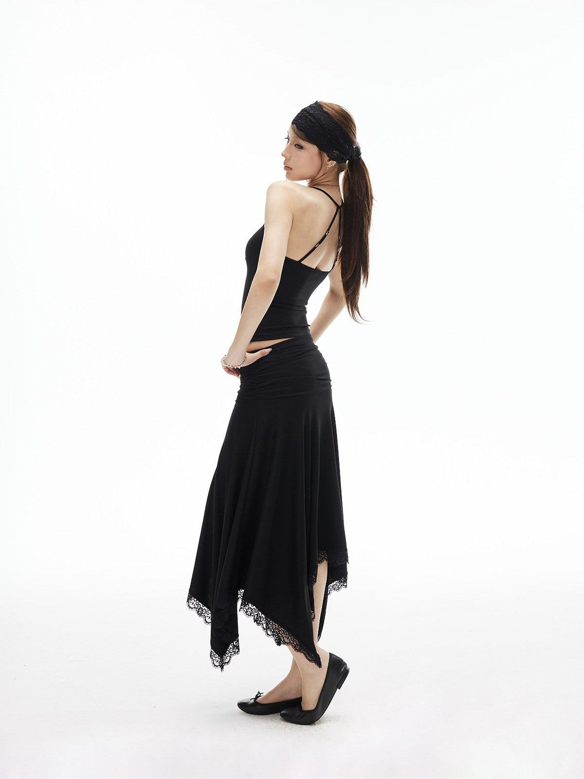 iamxiaa Asymmetrical Wavy Pleats Ruched Low Waist Lace Women&