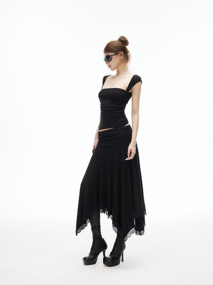 iamxiaa Asymmetrical Wavy Pleats Ruched Low Waist Lace Women&