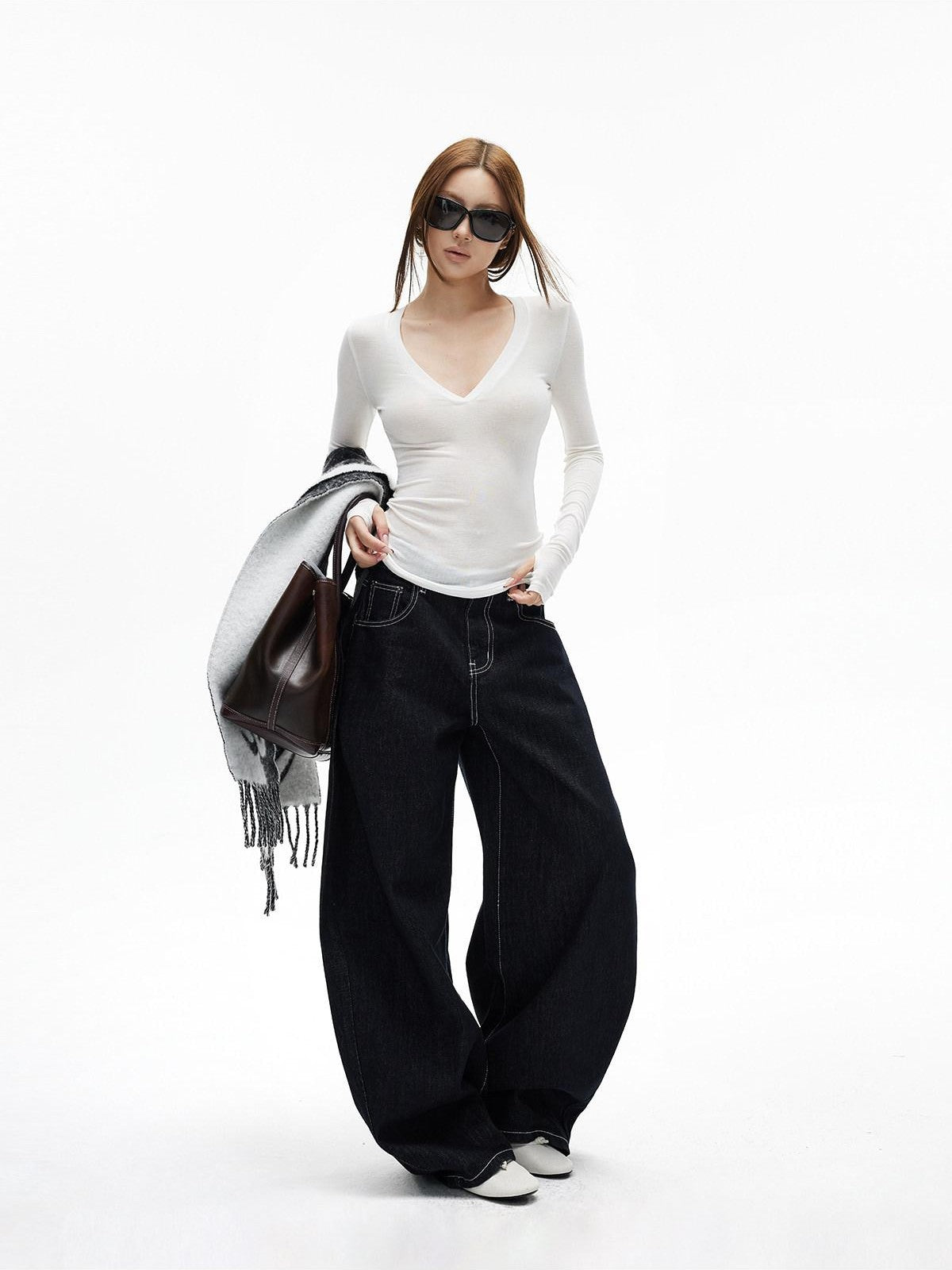 iamxiaa Black Contrast Topstitch Curved Leg Women&