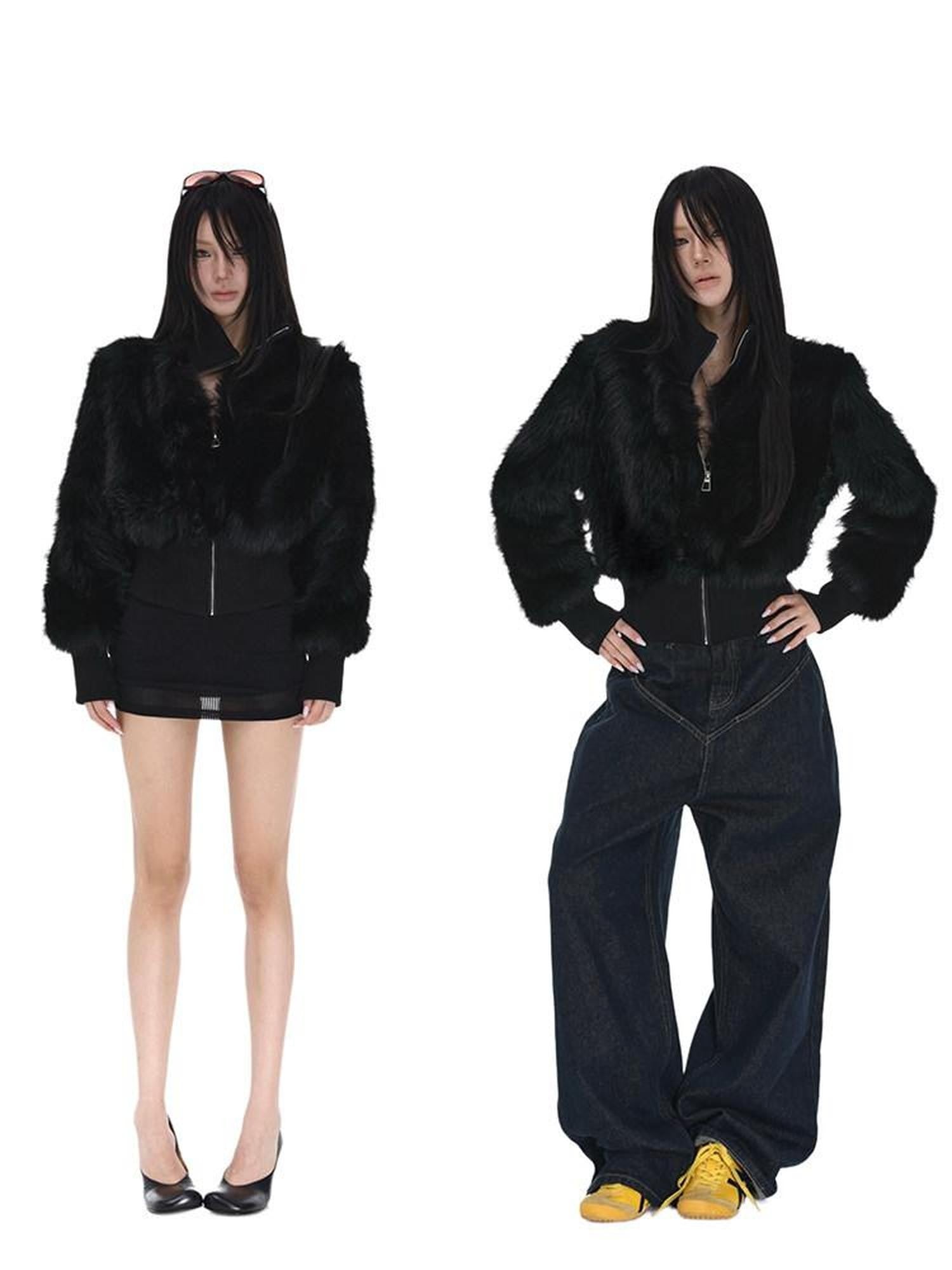 iamxiaa Black Cropped Stand Collar Zipper Petite Women&