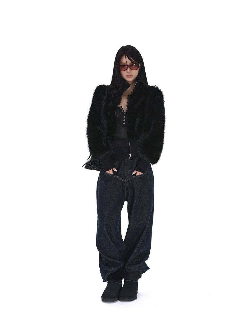 iamxiaa Black Cropped Stand Collar Zipper Petite Women&